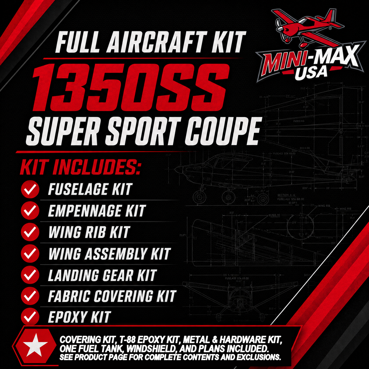 1350SS Super Sport Coupe Full Aircraft Kit card: kit sections and what is included