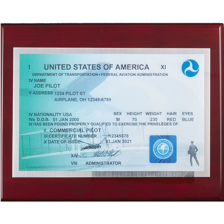 Elite Pilot License Plaque Single-Sided (Cherry Finish)