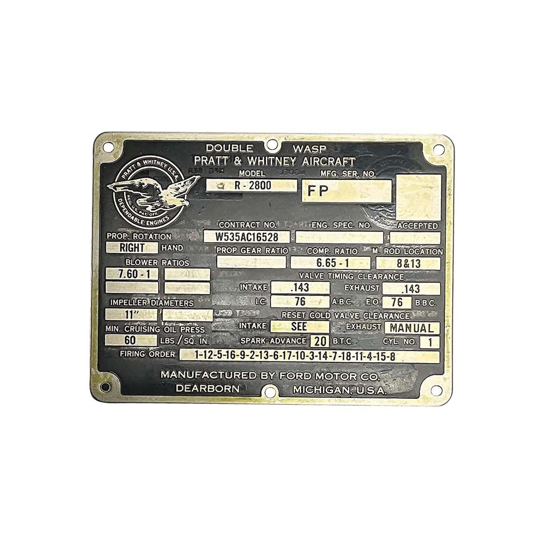 Pratt &amp; Whitney R-2800 Engine Data Plate