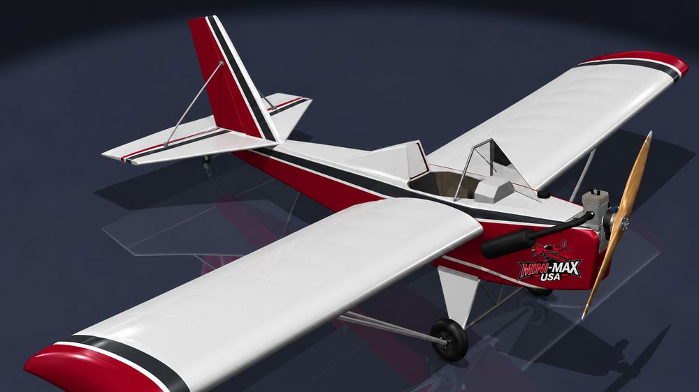Rendering of the Original 1100R Mini-Max, a single-seat open-cockpit wood-and-fabric aircraft in red and white